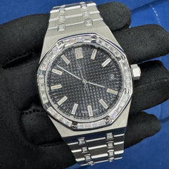 Customized Black Dial Baguette Diamond Watch For Men