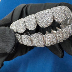 VVS Lab Grown 10KT White Gold 10 Teeth Draping and 10 Teeth Grills Set