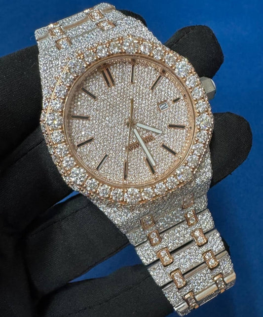 Iced out VVS CVD Diamond Bust Down Hip Hop Two Tone Watch