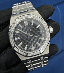 Customized Black Dial Baguette Diamond Watch For Men