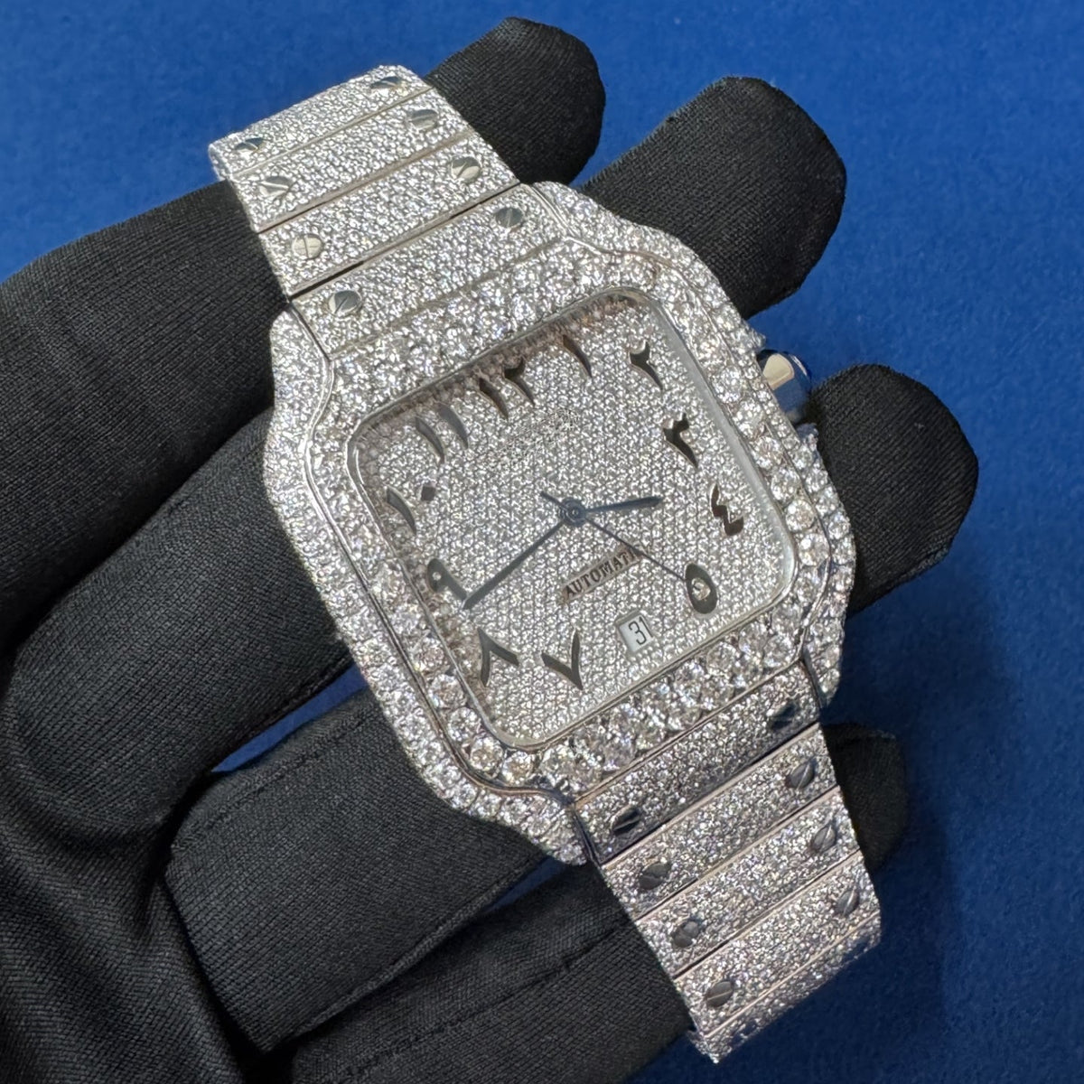 Iced Out VVS Lab Diamond Arabic Dial Men's Bust Down Wrist watch