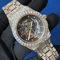 Invisible Baguette Diamond Studded Iced Out Skeleton Automatic Watch For Men