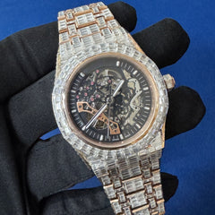 Invisible Baguette Diamond Studded Iced Out Skeleton Automatic Watch For Men