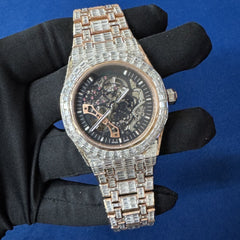 Invisible Baguette Diamond Studded Iced Out Skeleton Automatic Watch For Men