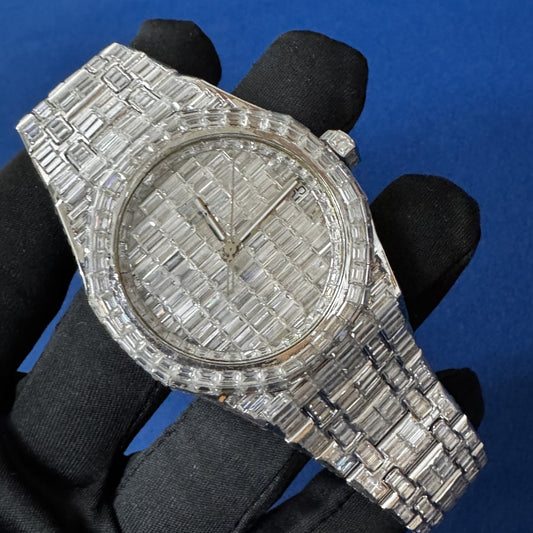 Baguette Diamond Watch Moissanite Studded Iced Out Automatic Watch
