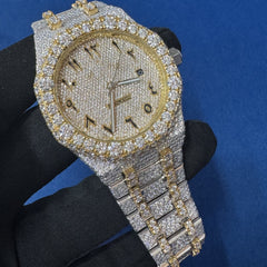 Iced out VVS lab Diamond Arabic Dial Bust Down Two tone Watch