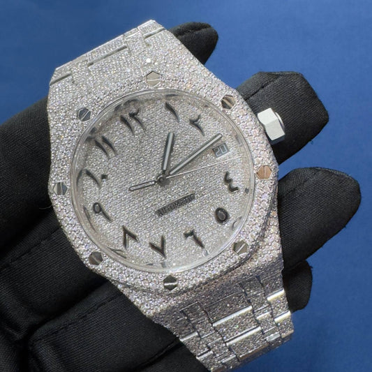 Iced out VVS CVD Diamond Arabic Dial Bust Down Hip Hop Watch