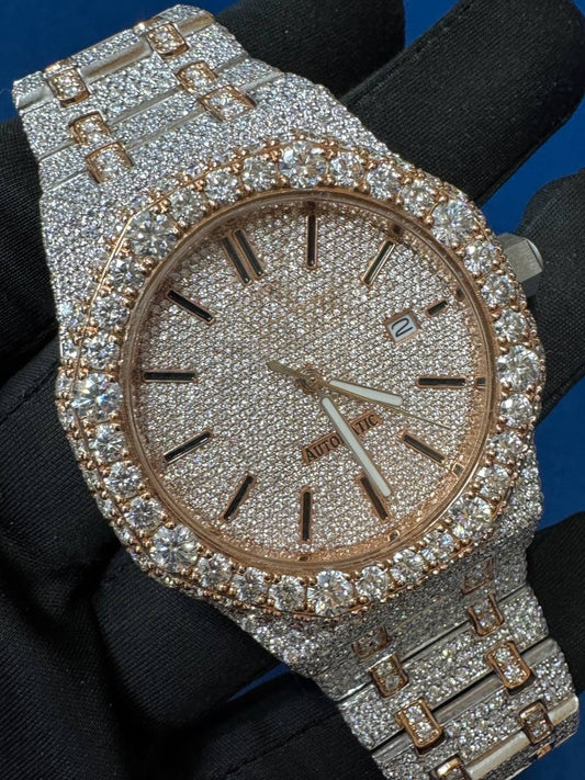 Iced out VVS CVD Diamond Bust Down Hip Hop Two Tone Watch