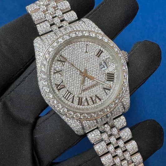 Iced out VVS Moissanite Diamond Roman Dial Bust Down Watch