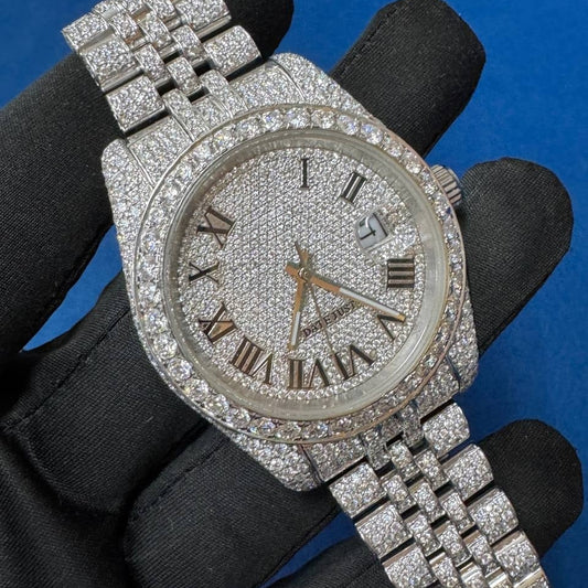 Iced out VVS Moissanite Diamond Roman Dial Bust Down Watch