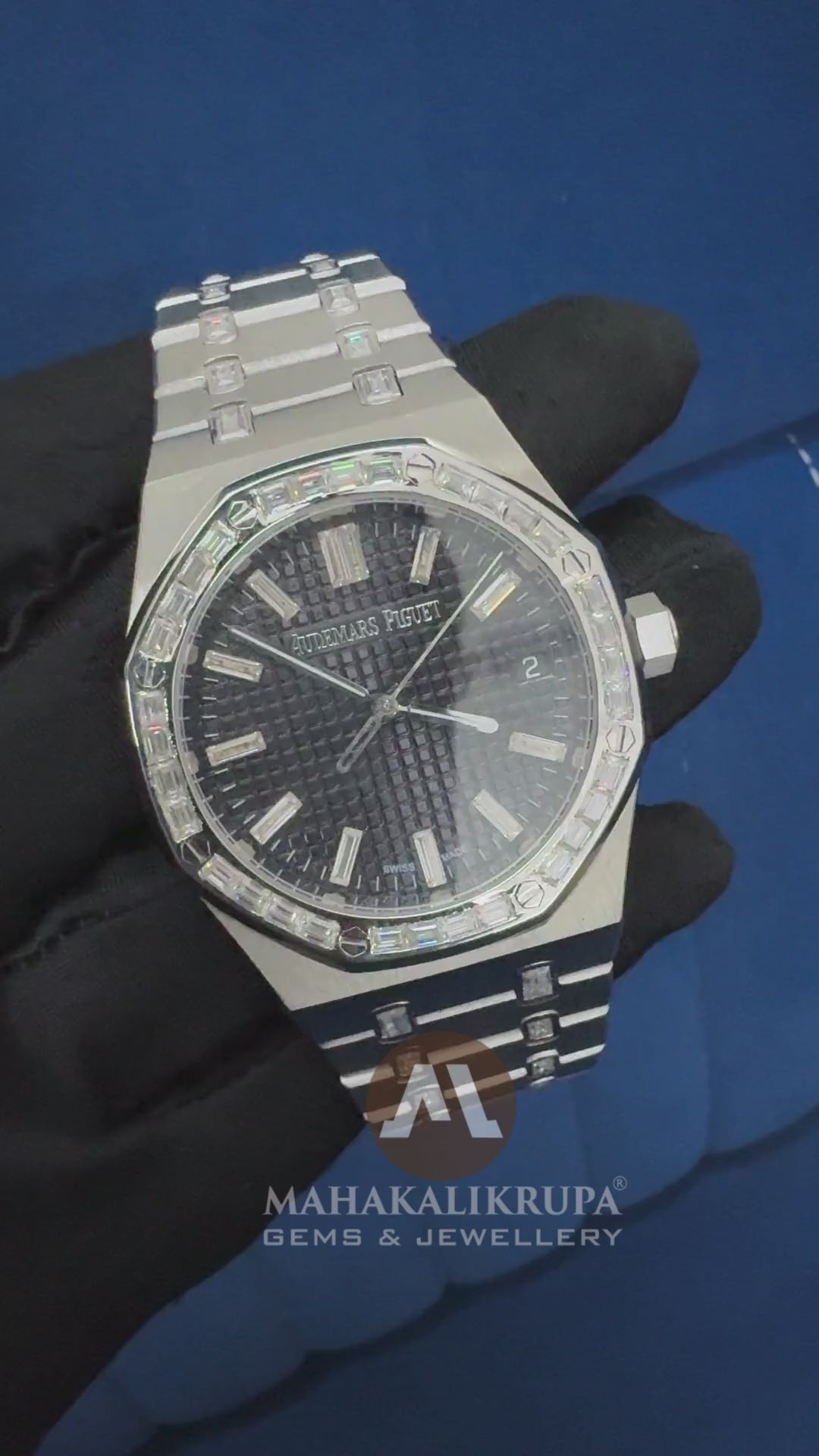 Customized Black Dial Baguette Diamond Watch For Men